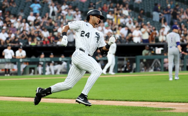 Chicago White Sox right fielder Braden Montgomery (24) sprints down the line as he drives in a run on a double in the second inning of a game against the Texas Rangers at Rate Field in Chicago on Aug. 26, 2026. (Chris Sweda/Chicago Tribune)