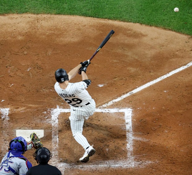Chicago White Sox left fielder Tristan Peters (29) doubles in the fourth inning of a game against the Texas Rangers at Rate Field in Chicago on Aug. 26, 2026. (Chris Sweda/Chicago Tribune)