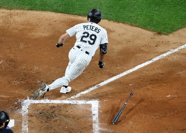 Chicago White Sox left fielder Tristan Peters (29) runs down the line on a double in the fourth inning of a game against the Texas Rangers at Rate Field in Chicago on Aug. 26, 2026. (Chris Sweda/Chicago Tribune)