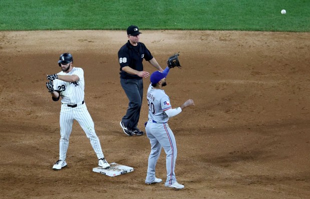 Chicago White Sox left fielder Tristan Peters (29) celebrates at second base after his double in the fourth inning of a game against the Texas Rangers at Rate Field in Chicago on Aug. 26, 2026. (Chris Sweda/Chicago Tribune)