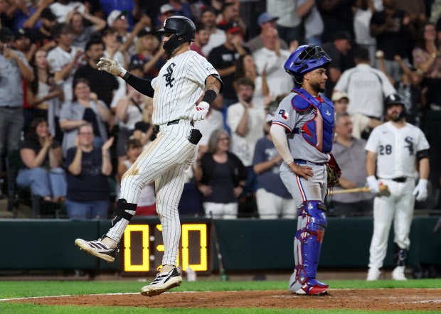 Chicago White Sox center fielder Brenton Doyle (7) celebrates after crossing home plate after hitting a three-run home run in the sixth inning of a game against the Texas Rangers at Rate Field in Chicago on Aug. 26, 2026. (Chris Sweda/Chicago Tribune)