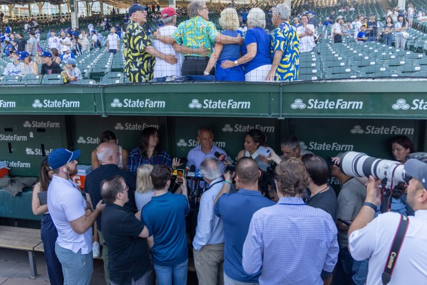 Chicago Cubs president Jed Hoyer speaks to members of the media following the MLB trade deadline, before a Monday night game against the Los Angeles Dodgers on Aug. 3, 2026 at Wrigley Field. (Arthur Maiorella/Chicago Tribune)