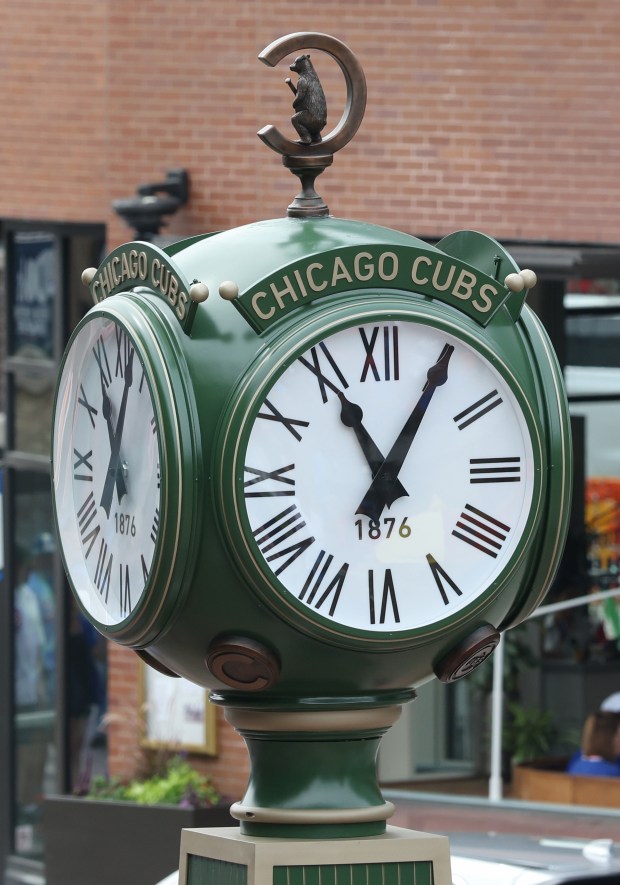 The Chicago Cubs Founders' Clock is on display before a Cubs-Reds game at Wrigley Field on Aug. 29, 2026, in Chicago. (John J. Kim/Chicago Tribune)