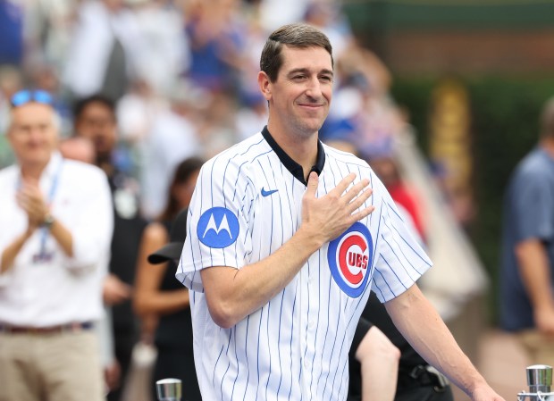 Kyle Hendricks is introduced for the Chicago Cubs 150th anniversary team ceremony before a Cubs-Reds game at Wrigley Field on Aug. 29, 2026, in Chicago. (John J. Kim/Chicago Tribune)