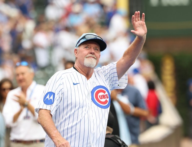 Rick Sutcliffe is introduced for the Chicago Cubs 150th anniversary team ceremony before a Cubs-Reds game at Wrigley Field on Aug. 29, 2026, in Chicago. (John J. Kim/Chicago Tribune)