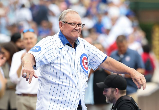Jody Davis is introduced for the Chicago Cubs 150th anniversary team ceremony before a Cubs-Reds game at Wrigley Field on Aug. 29, 2026, in Chicago. (John J. Kim/Chicago Tribune)