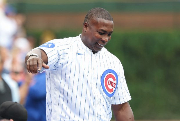 Alfonso Soriano is introduced for the Chicago Cubs 150th anniversary team ceremony before a Cubs-Reds game at Wrigley Field on Aug. 29, 2026, in Chicago. (John J. Kim/Chicago Tribune)