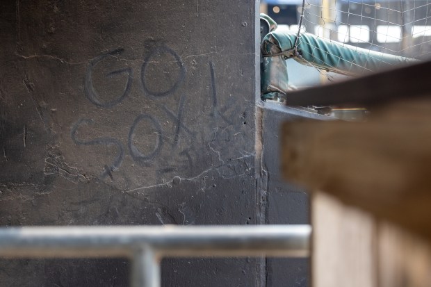 "Go Sox" chalk and dust graffiti near the home dugout before a baseball game between the Cleveland Guardians and Chicago White Sox at Rate Field in Chicago, Sunday, Aug. 9, 2026. (Arthur Maiorella/Chicago Tribune)