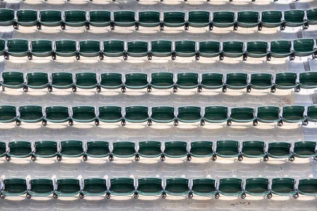 An aerial view of empty seats before a baseball game between the Cleveland Guardians and Chicago White Sox at Rate Field in Chicago, Sunday, Aug. 9, 2026. (Arthur Maiorella/Chicago Tribune)