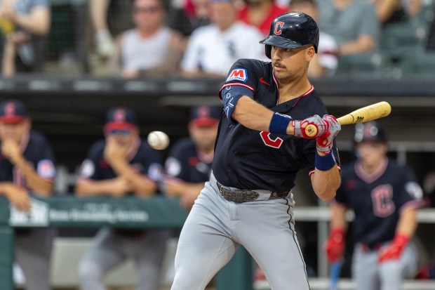 Cleveland Guardians designated hitter Nathaniel Lowe (46) watches a pitch in the first inning of a baseball game between the Cleveland Guardians and Chicago White Sox at Rate Field in Chicago, Sunday, Aug. 9, 2026. (Arthur Maiorella/Chicago Tribune)