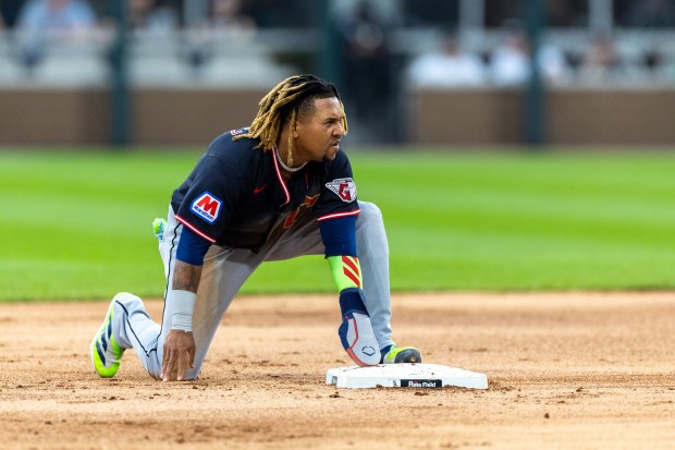 Cleveland Guardians third baseman José Ramírez (11) steals second in the first inning of a baseball game between the Cleveland Guardians and Chicago White Sox at Rate Field in Chicago, Sunday, Aug. 9, 2026. (Arthur Maiorella/Chicago Tribune)