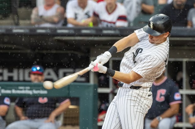 Chicago White Sox shortstop Colson Montgomery (12) bats as rain begins to fall in the first inning of a baseball game between the Cleveland Guardians and Chicago White Sox at Rate Field in Chicago, Sunday, Aug. 9, 2026. (Arthur Maiorella/Chicago Tribune)