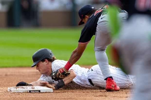 Chicago White Sox left fielder Sam Antonacci (17) is thrown out stealing second base during the second inning of a baseball game between the Cleveland Guardians and Chicago White Sox at Rate Field in Chicago, Sunday, Aug. 9, 2026. (Arthur Maiorella/Chicago Tribune)
