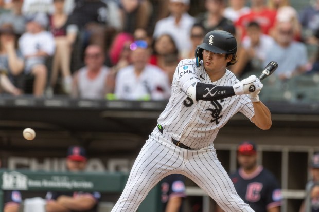 Chicago White Sox first baseman Munetaka Murakami (5) takes a pitch during a baseball game between the Cleveland Guardians and Chicago White Sox at Rate Field in Chicago, Sunday, Aug. 9, 2026. (Arthur Maiorella/Chicago Tribune)