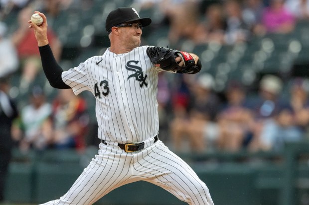 Chicago White Sox pitcher Trevor Richards (43) delivers in the ninth inning of a baseball game between the Cleveland Guardians and Chicago White Sox at Rate Field in Chicago, Sunday, Aug. 9, 2026. (Arthur Maiorella/Chicago Tribune)