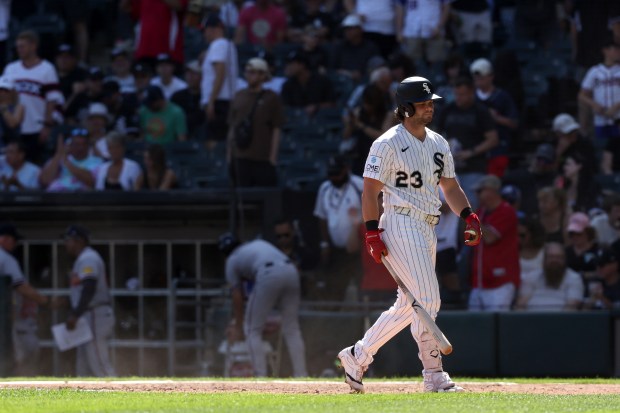 White Sox designated hitter Andrew Benintendi walks off after striking out to end the game against the Braves on Aug. 20, 2026, at Rate Field. The Sox lost 2-0. (Geoff Stellfox/Getty)