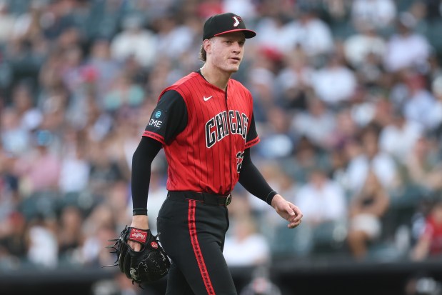 White Sox starter Noah Schultz walks to the dugout after being removed from the game against the Guardians in the first inning Friday, Aug. 7, 2026, at Rate Field. (Michael Reaves/Getty)