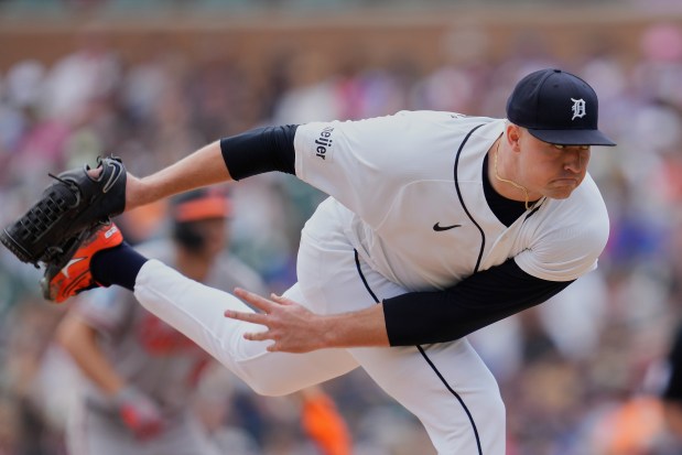 Tigers starter Tarik Skubal delivers against the Orioles in the seventh inning Wednesday, July 29, 2026, in Detroit. (Paul Sancya/AP)