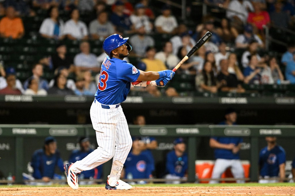 Jefferson Rojas #93 of the Chicago Cubs bats during the fifth inning of a spring training Spring Breakout game against the San Diego Padres at Sloan Park on March 21, 2026 in Mesa, Arizona. 