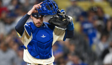 Sep 21, 2024; Los Angeles, California, USA; Los Angeles Dodgers catcher Hunter Feduccia (67) removes his facemask between plays against the Colorado Rockies during the seventh inning at Dodger Stadium. Mandatory Credit: Jonathan Hui-Imagn Images