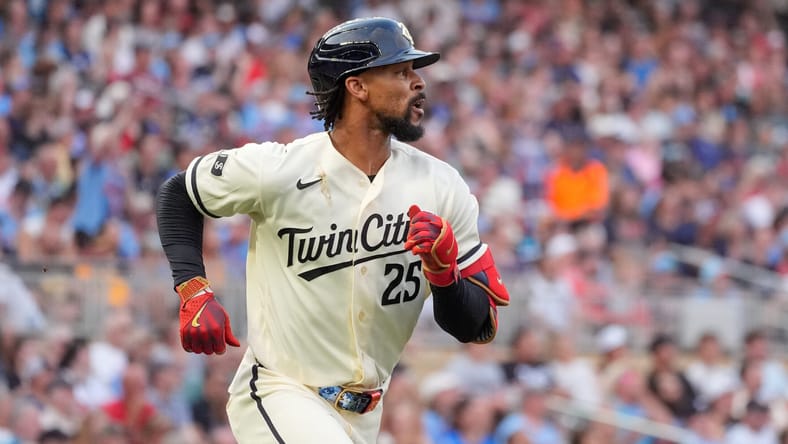 Jul 25, 2026; Minneapolis, Minnesota, USA; Minnesota Twins center fielder Byron Buxton (25) runs the bases against the Athletics in the fifth inning at Target Field.