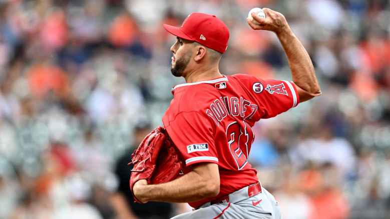 Grayson Rodriguez #21 of the Los Angeles Angels pitches in the first inning against the Baltimore Orioles at Oriole Park at Camden Yards on August 04, 2026 in Baltimore, Maryland. (Photo by Greg Fiume/Getty Images)