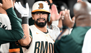 Christian Encarnacion-Strand #32 of the Baltimore Orioles celebrates with teammates after hitting a two-run home run in the tenth inning against the Atlanta Braves at Oriole Park at Camden Yards on July 24, 2026 in Baltimore, Maryland. (Photo by Greg Fiume/Getty Images)