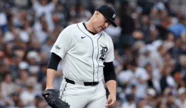 Tarik Skubal #29 of the Detroit Tigers reacts after giving up a two-run home run to Jasson Dominguez of the New York Yankees during the sixth inning at Comerica Park on June 24, 2026 in Detroit, Michigan. (Photo by Duane Burleson/Getty Images)