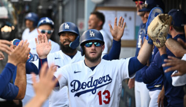 Aug 2, 2026; Los Angeles, California, USA; Los Angeles Dodgers third baseman Max Muncy (13) celebrates after a run during the second inning against the Boston Red Sox at Dodger Stadium. Mandatory Credit: Jonathan Hui-Imagn Images