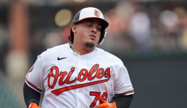 Baltimore Orioles catcher Yohel Pozo (hand) exits vs. Minnesota Twins after being hit by bat