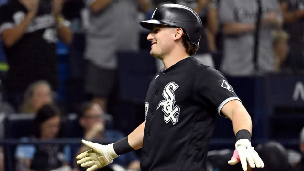 Chicago White Sox's Colson Montgomery celebrates after his home run during the sixth inning of a baseball game against the Tampa Bay Rays, Friday, July 31, 2026, in St. Petersburg, Fla. (AP Photo/Jason Behnken)