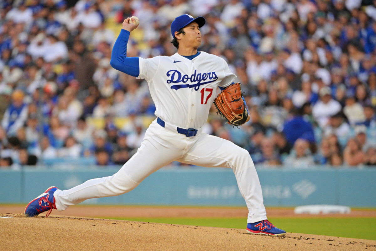 May 27, 2026; Los Angeles, California, USA; Los Angeles Dodgers two-way player Shohei Ohtani (17) strikes out the first batter during the first inning against the Colorado Rockies at Dodger Stadium. Mandatory Credit: Jayne Kamin-Oncea-Imagn Images