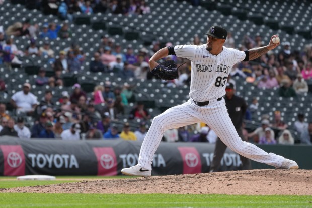 Brennan Bernardino of the Colorado Rockies pitches during a game against the San Diego Padres in Denver on Thursday, April 23, 2026. (Photo by Harmon Dobson/The Denver Post)