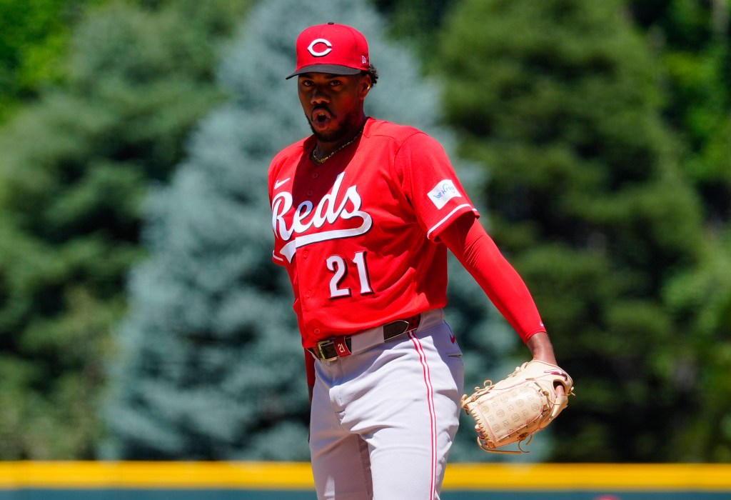Cincinnati Reds starting pitcher Hunter Greene reacting in the first inning against the Colorado Rockies.