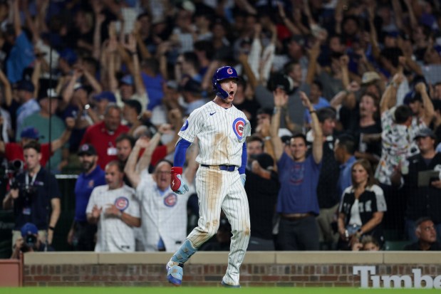 Cubs center fielder Pete Crow-Armstrong celebrates after hitting a walk-off two-run home run to give the Cubs a 7-5 win against the White Sox during the tenth inning of the City Series at Wrigley Field Aug. 17, 2026 in Chicago. (Armando L. Sanchez/Chicago Tribune)