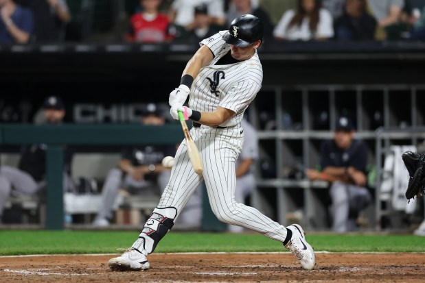 White Sox shortstop Colson Montgomery hits an RBI single during the fifth inning against the Yankees on Monday, July 27, 2026, at Rate Field. (Armando L. Sanchez/Chicago Tribune)