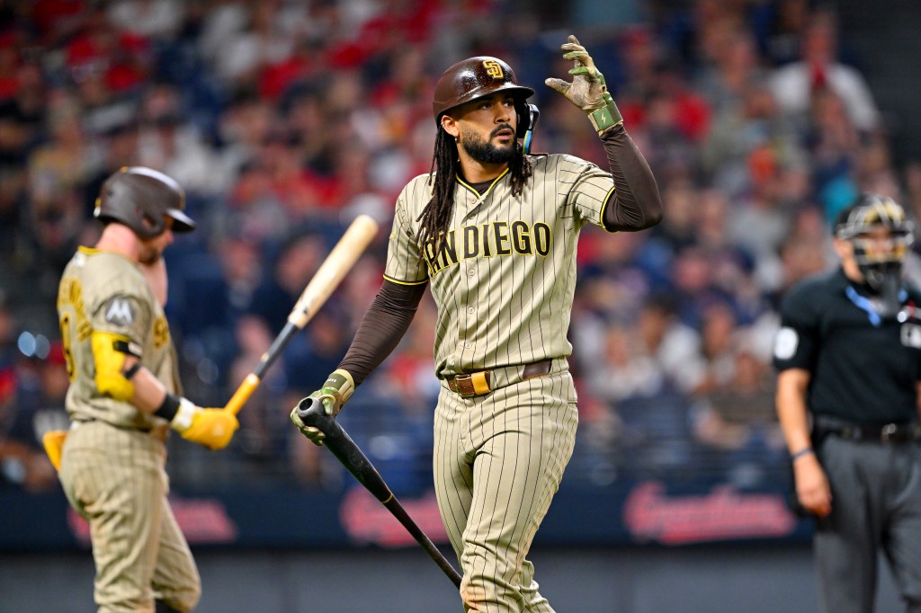 Fernando Tatis Jr. of the San Diego Padres reacts after striking out.