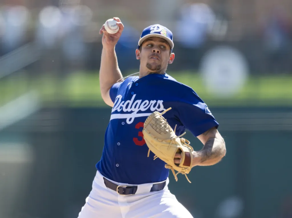 Feb 24, 2026; Phoenix, Arizona, USA; Los Angeles Dodgers pitcher Gavin Stone against the Cleveland Guardians during a spring training game at Camelback Ranch-Glendale. Mandatory Credit: Mark J. Rebilas-Imagn Images