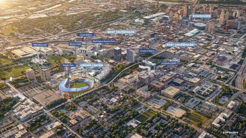 An aerial rendering of the proposed ballpark.