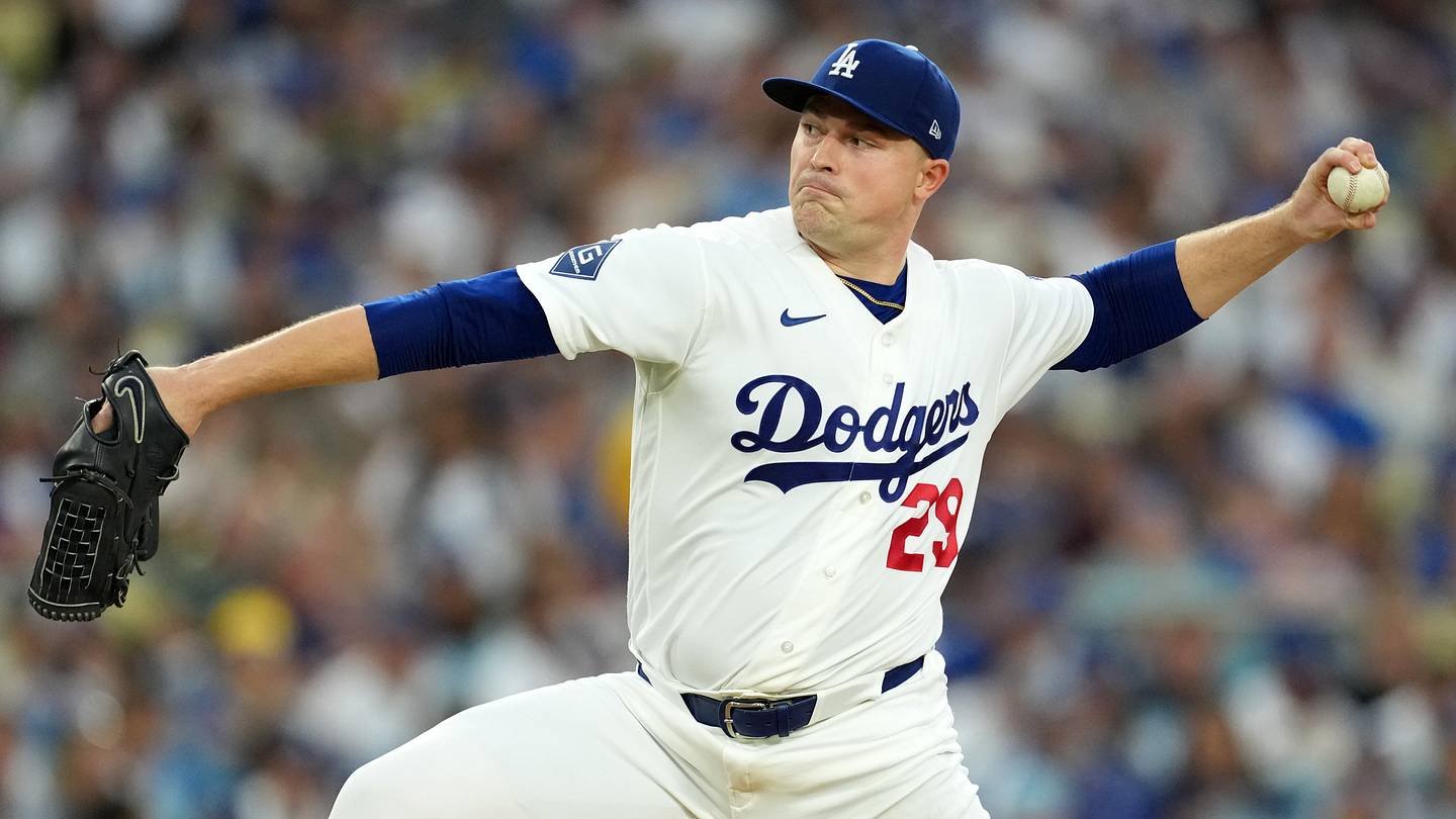 Los Angeles Dodgers pitcher Tarik Skubal (29) throws