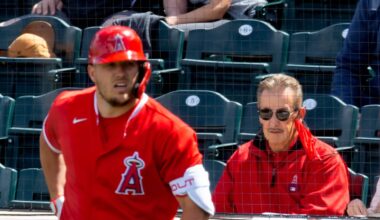 Mar 16, 2021; Tempe, Arizona, USA; Los Angeles Angels owner Arte Moreno (right) and outfielder Mike Trout against the Cleveland Indians during a Spring Training game at Tempe Diablo Stadium. Mandatory Credit: Mark J. Rebilas-USA TODAY Sports