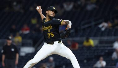 Pittsburgh, Pennsylvania, USA;  Pittsburgh Pirates relief pitcher Camilo Doval (75) pitches against the San Francisco Giants during the seventh inning at PNC Park.  Mandatory Credit: Charles LeClaire-Imagn Images