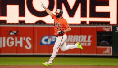 Sep 21, 2026; Baltimore, Maryland, USA;  Baltimore Orioles first baseman Pete Alonso (25) celebrates a home run during the eighth inning at Oriole Park at Camden Yards.  Mandatory Credit: Jamie LeBlanc-Imagn Images