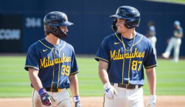 Milwaukee Brewers infield prospects Josh Adamczewski and Brady Ebel walk off the field during spring training workouts Tuesday, February 17, 2026, at American Family Fields of Phoenix in Phoenix, Arizona.