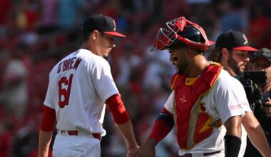 Sep 20, 2026; St. Louis, Missouri, USA;  St. Louis Cardinals pitcher Riley O'Brien (61) celebrates with catcher Leo Bernal (13) after defeating the Washington Nationals at Busch Stadium.  Mandatory Credit: Jeff Le-Imagn Images