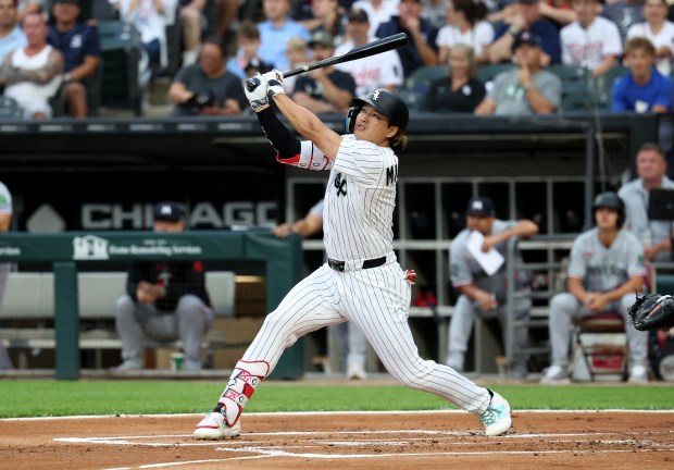 Chicago White Sox first baseman Munetaka Murakami (5) hits a two-run home run in the first inning of a game against the Minnesota Twins at Rate Field in Chicago on Sept. 5, 2026. (Chris Sweda/Chicago Tribune)