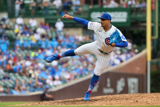 Chicago Cubs pitcher Daniel Palencia deals during the ninth inning of a game against the Pittsburgh Pirates at Wrigley Field on Sunday, Sept. 13, 2026. (Arthur Maiorella/Chicago Tribune)