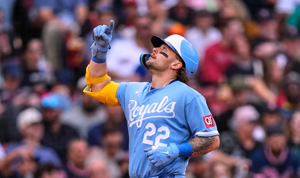 Kansas City Royals' Carter Jensen celebrates after his solo home run during the sixth inning...