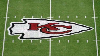 Oct 11, 2020; Kansas City, Missouri, USA; A general view of the Kansas City Chiefs logo at midfield at Arrowhead Stadium.