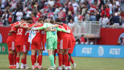 Sep 13, 2026; Chicago, Illinois, USA; The Chicago Fire huddle prior to the start of the second half against the New England Revolution at Soldier Field.